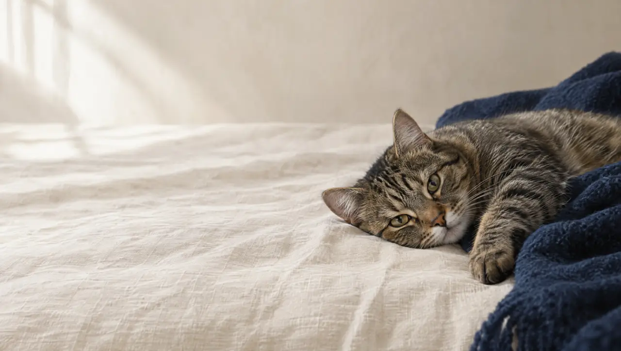 A cat lying on its side on linen, relaxed and looking at the camera