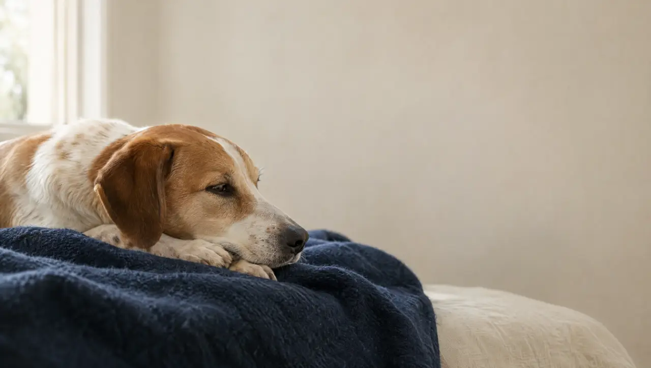 A dog lying down with its head on its paws, in soft morning light